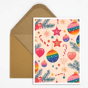 Tarjeta de Navidad LGBTQ con coloridas bolas navideñas de arcoíris, alegre tarjeta navideña para la temporada navideña, ideal como tarjeta de felicitación LGBTQ