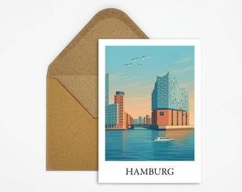 Cartão-postal de Hamburgo, Alemanha, com o motivo da Elbphilharmonie, ilustração de viagem moderna, uma ótima ideia de presente para fãs do norte da Alemanha ou para decoração.