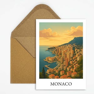 Carte postale de Monaco avec panorama de la ville et vue sur le port, carte de voyage luxueuse pour les amoureux de la côte et les collectionneurs ou comme décoration à accrocher
