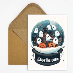 Cute ghosts and pumpkins in glass ball illustration – Halloween postcard with Happy Halloween lettering for cute greetings or decoration