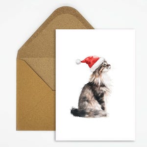 Weihnachtskarte mit Katzenmotiv, Maine Coon Katze mit Weihnachtsmütze, Postkarte für Katzenliebhaber für tierische Weihnachtsgrüße
