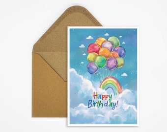 Happy Birthday Card Balloons, Birthday Card Balloons, Birthday for Girls, Boys, Gift Card, Watercolor Balloons, Comic