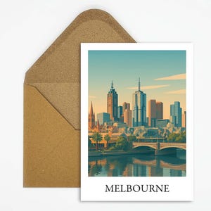 Cartolina di viaggio di Melbourne, Australia, con skyline e lungomare, cartolina moderna per viaggi in Australia o come idea regalo
