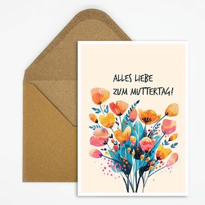 Alles Liebe zum Muttertag, Handgemachte Postkarte mit Blumenillustration, Ideale Karte zum Verschenken für Mama, Karte Muttertag, Geschenk