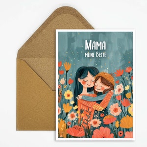 Cartão de Dia das Mães Mama meu melhor, ilustração de abraço de mãe e filho, cartão postal para o Dia das Mães, cartão de parabéns, cartão de felicitações para mãe
