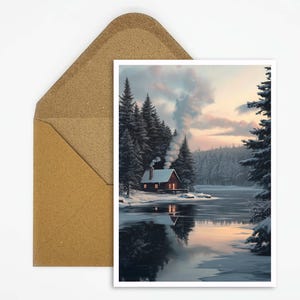 Kerstkaart met besneeuwde hut aan het meer, sfeervolle kaart voor feestelijke kerstgroeten, perfect als cadeau of decoratie