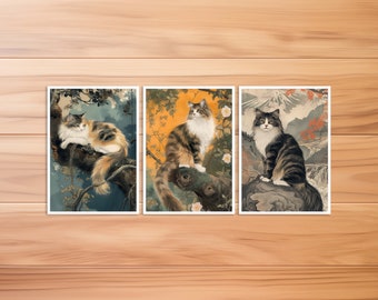 Kat ansichtkaart, Noorse boskat, kattenkaart, verjaardagskaart, kunstbriefkaart, kat Hokusai stijl, cadeaukaart, ansichtkaartset 2