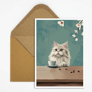 Cartolina Gatto persiano che si gode il caffè Bellissima illustrazione di gatto ideale come regalo per gli amanti dei gatti o come decorazione da bar in stile vintage