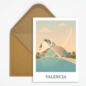 Valencia Spanien Reise Postkarte mit mediterraner Stadtillustration, sonnige Karte für Städtereisen ans Meer als Geschenk oder Dekoration