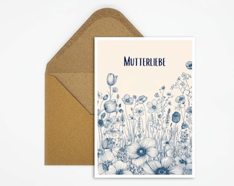 Card with saying mother's love, flower drawing illustration, postcard for Mother's Day, birthday card, congratulations card, gift for mom