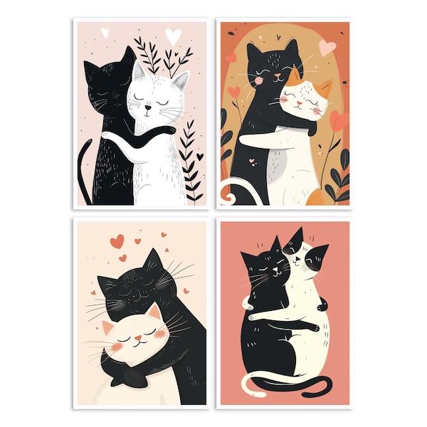 Postal de gato, Postal de animales, Abrazo de gato, Cumpleaños, Ilustración de gato, Gatos románticos, Postal de arte, Conjunto de postales