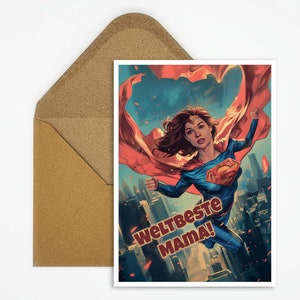 Tarjeta del Día de la Madre con dicho, La mejor mamá del mundo, tarjeta con ilustración de superhéroe, tarjeta para el Día de la Madre, tarjeta de cumpleaños, tarjeta como regalo