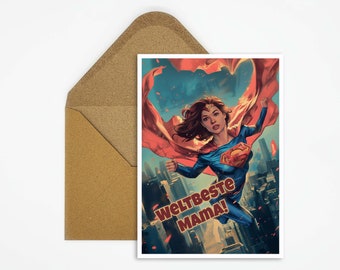 Mother's Day card with saying, World's Best Mom, card superhero illustration, card for Mother's Day, birthday card, card as a gift