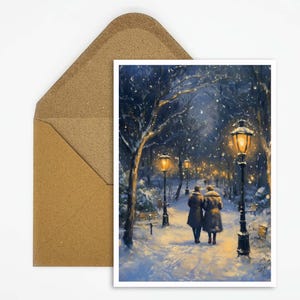 Romantische kerstkaart, wandeling in het besneeuwde park, perfect voor feestelijke kerstgroeten. Ideaal als cadeau