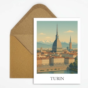 Postal de viaje de Turín, Italia con la Mole Antonelliana y el paisaje urbano, tarjeta ideal como regalo o decoración para viajeros de Italia