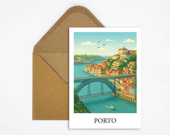 May include: A postcard featuring a colorful illustration of Porto, Portugal, with a bridge over a river and buildings on a hillside. The word "PORTO" is printed at the bottom. The postcard is inside a brown envelope.