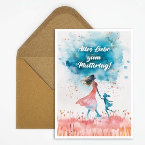 Kartka na Dzień Matki Wszystkiego najlepszego z okazji Dnia Matki, matka z córką akwarelową ilustracją, kartka na Dzień Matki, kartka jako prezent dla mamy