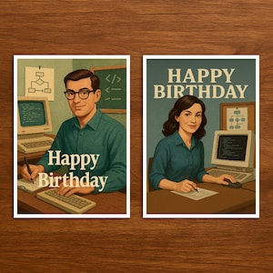 Carte d'anniversaire pour développeur de logiciels, carte d'anniversaire rétro avec illustration, cadeau original pour les passionnés de travail et les collègues