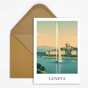 Cartolina di Ginevra, Svizzera, con illustrazione del Lago di Ginevra, elegante mappa della città per gli appassionati di viaggi come regalo o decorazione per la casa