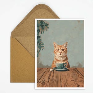 Gatto europeo a pelo corto con caffè come cartolina elegante ideale per gli amanti dei gatti Arte retrò con gatti e accogliente decorazione da caffè boho