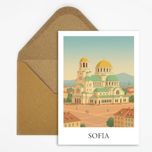 Cartolina di Sofia, Bulgaria, con la Cattedrale di Alexander Nevsky, elegante biglietto d'auguri come souvenir di viaggio per gli esploratori dell'Europa sud-orientale e gli amanti della cultura