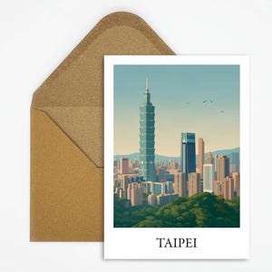 Postal de viaje de Taipei, Taiwán, con ilustración de Taipei 101, una tarjeta elegante para amantes de los viajes y fanáticos de Asia como recuerdo o regalo.