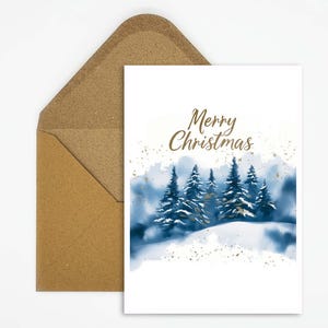 Tarjeta navideña con bosque de abetos invernal y detalles dorados, mágica tarjeta navideña para regalar con cálidos deseos navideños