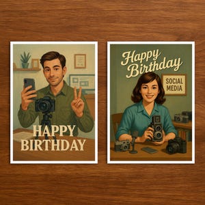 Cartão de Feliz Aniversário para Criador de Mídias Sociais, Cartão Postal com Ilustração de Profissão Vintage e Retro, Cartão de Aniversário Exclusivo como Presente