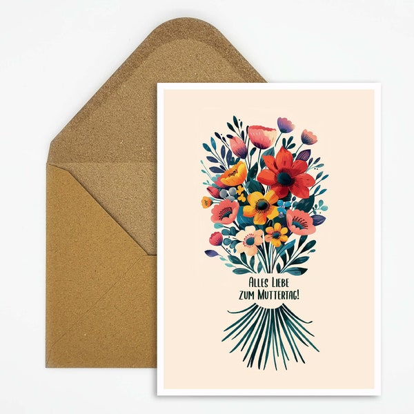 Alles Liebe zum Muttertag, Postkarte mit Blumenstrauß Illustration, Ideale Karte zum Verschenken für Mama, Karte Muttertag, Geschenk