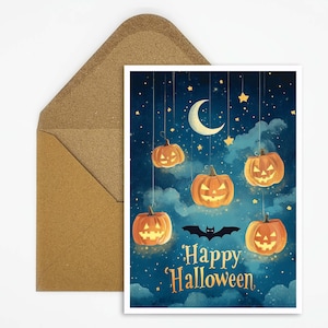 カボチャ、魔女、幽霊のハロウィーン ポストカード「ハッピー ハロウィーン」 - 不気味な挨拶やハロウィーン パーティーの招待状に最適