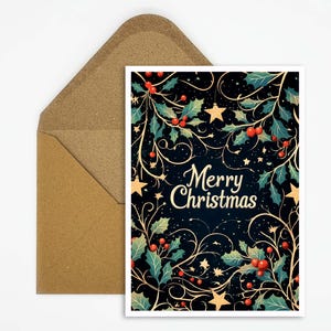 Biglietto di auguri di buon Natale con ghirlanda di agrifoglio e bacche di Natale, eleganti auguri di Natale in stile classico perfetti come regalo