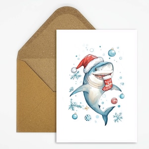 Grappige kerstkaart, ansichtkaart - Gelukkige haai met kerstmuts, aquarelkaart voor originele kerstgroeten