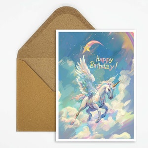 Kinder Geburtstagskarte Einhorn, Geburtstagskarte Happy Birthday, Pegasus, Fliegendes Pferd, Fantasy Karte, Geburtstag für Mädchen, Jungen
