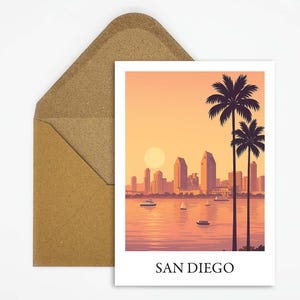 Carte postale de San Diego en Californie avec skyline et palmiers, souvenir de voyage parfait pour les fans des États-Unis et souvenir de vacances ensoleillées ou décoration