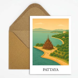 Carte postale de voyage de Pattaya en Thaïlande avec plage et temple, carte exotique comme souvenir ou cadeau pour les fans de destinations de voyage tropicales