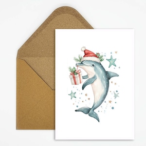 Carte de Noël animalière, carte postale dauphin avec bonnet de Noel à l'aquarelle, originale et parfaite pour les vœux de Noël maritimes