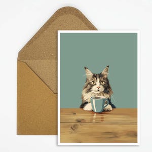 Cartolina con gatto Maine Coon che beve caffè, bellissima illustrazione, idea regalo perfetta per gli amanti dei gatti e del caffè