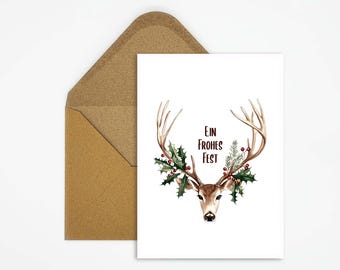 Christmas card with deer and antler motif and greeting "Happy Holidays" for Christmas as decoration or as a gift