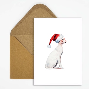 Kerstkaart met kattenmotief, Sphynx kat met kerstmuts, ansichtkaart voor kattenliefhebbers voor dierenkerstgroeten of als decoratie