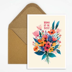 Carte postale avec illustration de bouquet de fleurs pour maman, carte postale faite à la main avec illustration de fleurs et dicton, carte de fête des mères, cadeau
