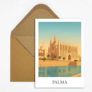 Palma de Mallorca Spanien Reise Postkarte mit Kathedrale Illustration, perfekte Urlaubskarte als Geschenk oder Erinnerung für Spanienfans