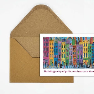 Carte postale LGBTQ, carte de fierté LGBTQ avec slogan, carte de fierté pour la communauté LGBTQ, carte queer en cadeau, illustration de la ville de la fierté