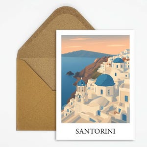 Santorin Griechenland Reisepostkarte mit Oia Dorf und Meerblick-Illustration , ikonische Urlaubskarte für Inselreisen als Geschenk oder Deko