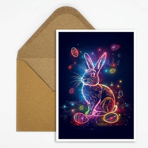 Cartolina di Pasqua, cartolina di Buona Pasqua, illustrazione del coniglietto di Pasqua, luce al neon di Pasqua, stampa di carte, carta stampata, cartolina regalo, carta per bambini