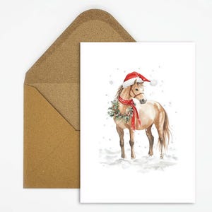 Weihnachtskarte, Pony mit Weihnachtskranz in Aquarell, perfekt für Pferdeliebhaber und festliche Grüße Ideal als Geschenk oder Dekoration