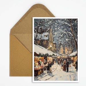 Feestelijke kerstkaart met wintermarkttafereel, ideaal voor contemplatieve groeten en kerstversieringen om cadeau te geven