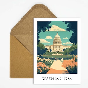 Carte postale de voyage de Washington, États-Unis avec une belle illustration du Capitole, idéale comme souvenir de voyage ou cadeau pour les voyageurs et les collectionneurs de cartes