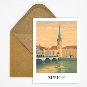 Cartolina di Zurigo, Svizzera, con illustrazione del centro storico, elegante cartolina per gli amanti dei viaggi come souvenir di una vacanza in città o come regalo