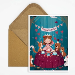 Happy Birthday Karte Tea Party, Geburtstagskarte Mädchen, Einladung Tiere, Geburtstag für Mädchen, Jungen, Geschenk Karte, Kuchen, Tiere