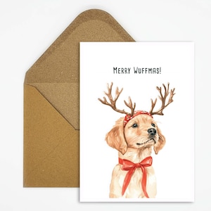 Postkarte Golden Retriever mit Geweih und Spruch "Merry Wuffmas!" Weihnachtskarte für tierische Weihnachtsgrüße als Geschenk oder Deko